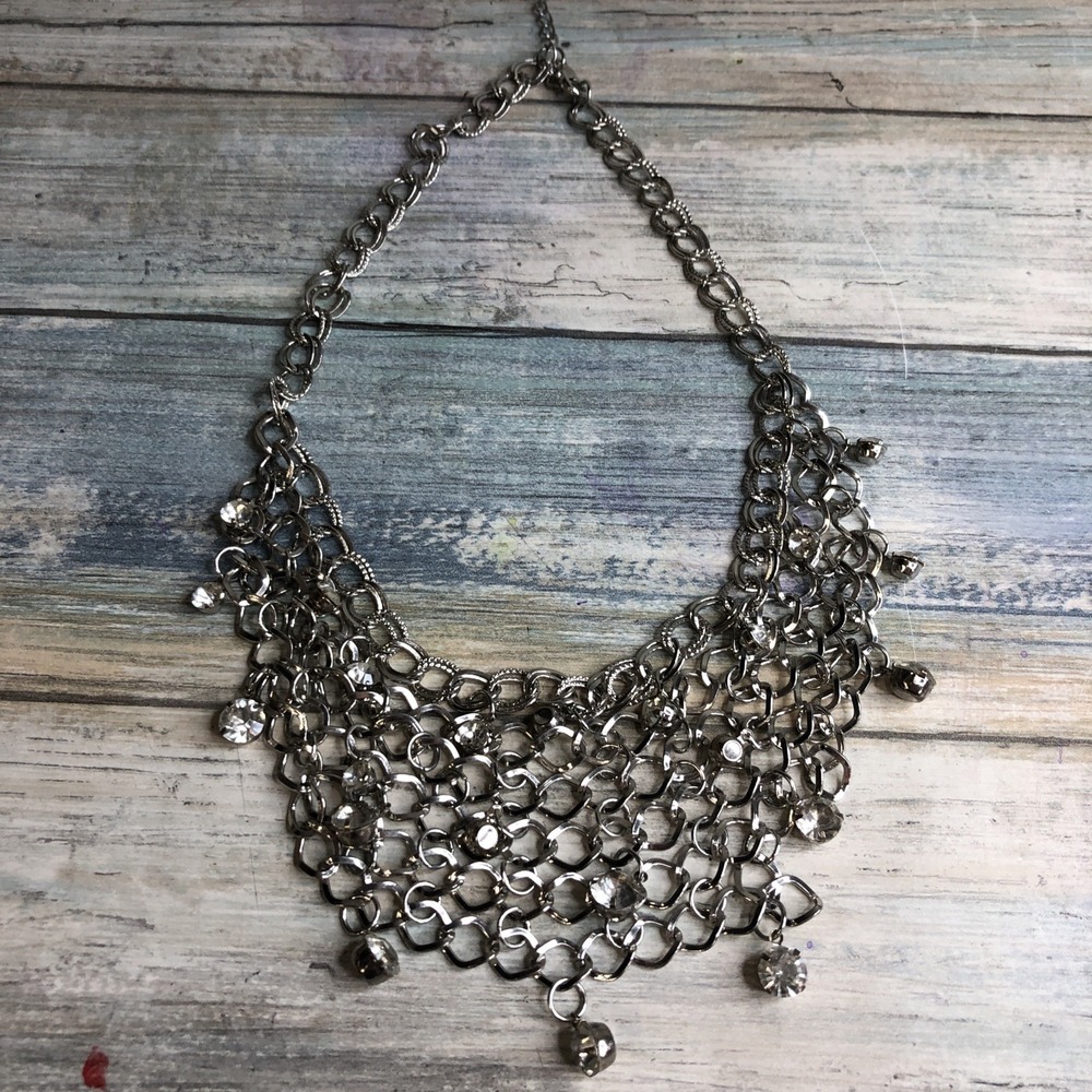 Chain Mesh Crystals Bib Necklace 18" Silver Tone